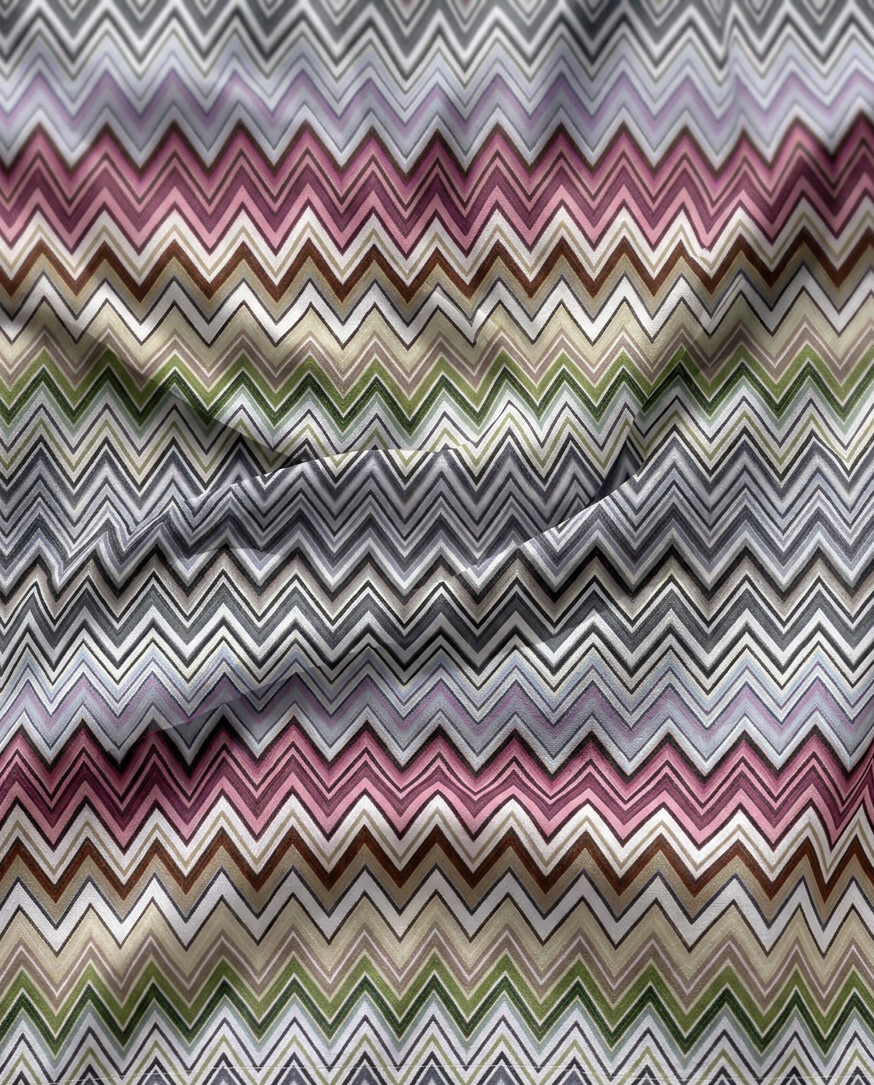 Amalfi Rainbow print in motion — Missoni-style chevron bands in lilac, magenta, camel, olive and charcoal