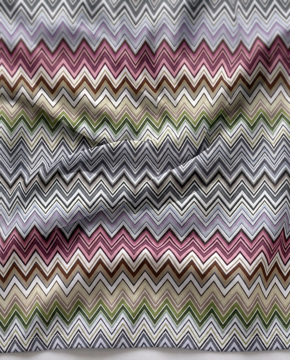 Amalfi Rainbow print in motion — Missoni-style chevron bands in lilac, magenta, camel, olive and charcoal