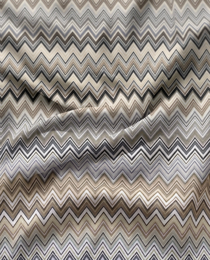 Amalfi Taupe print in motion — chevron bands in cream, beige, taupe, sand, grey and charcoal