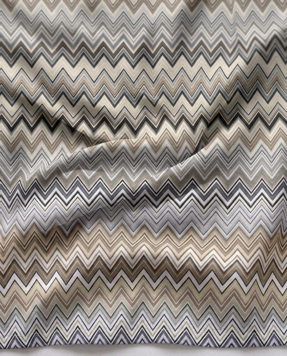 Amalfi Taupe print in motion — chevron bands in cream, beige, taupe, sand, grey and charcoal