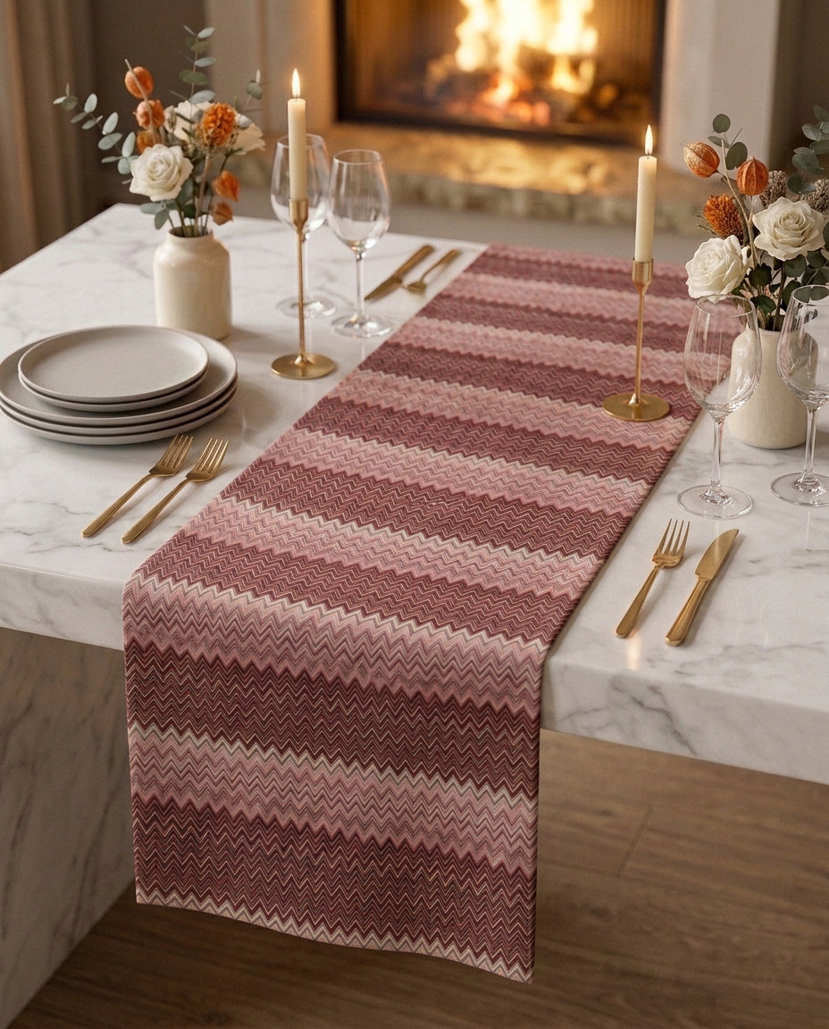 Amalfi Burgundy table runner on a modern white marble dining table, candlelit setting