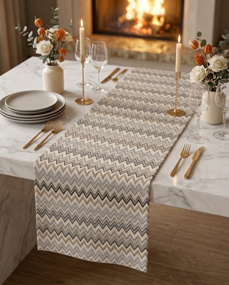 Amalfi Taupe table runner on a modern white marble dining table, candlelit setting