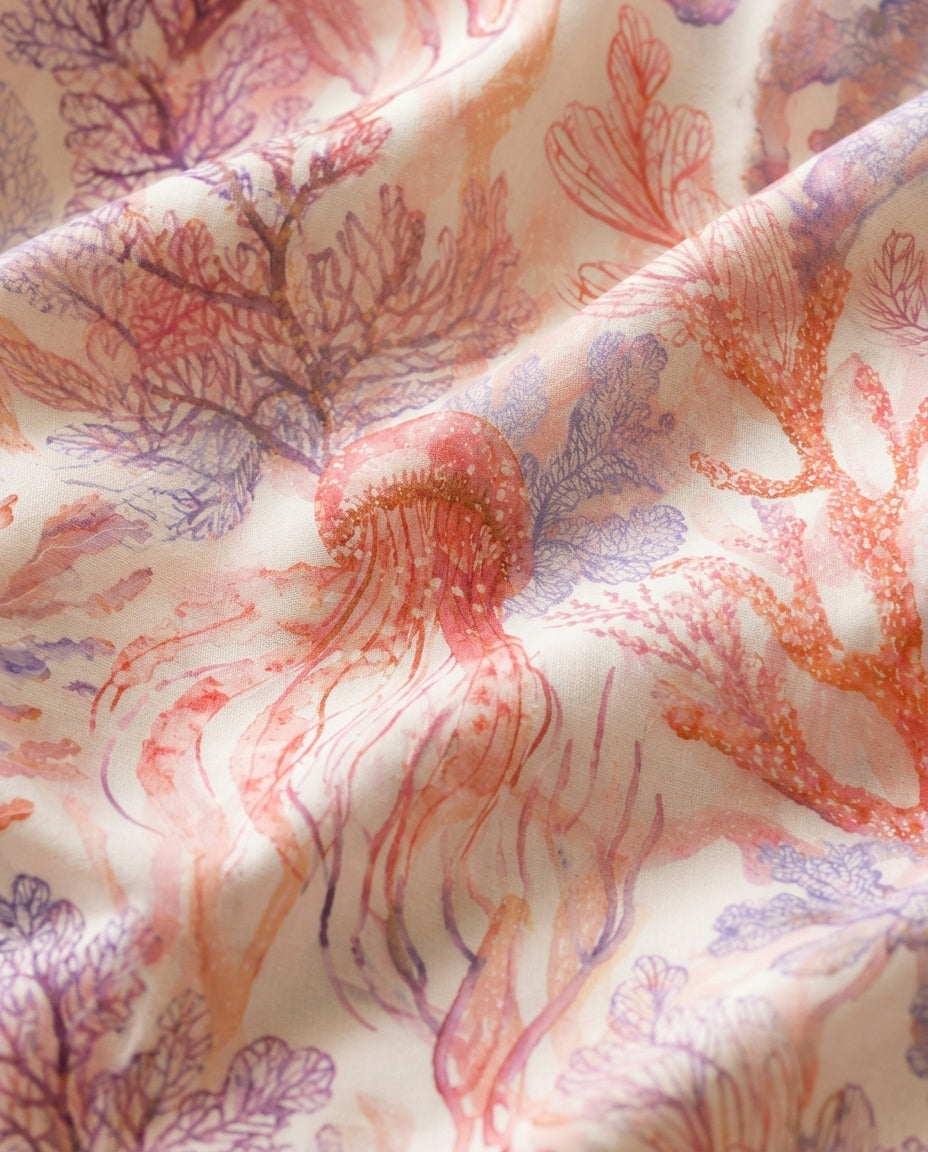 Coral Breeze print in motion — flowing fabric close-up with watercolor jellyfish and coral
