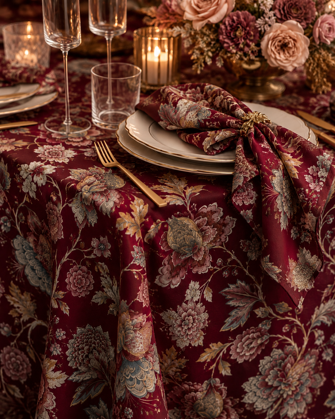 Festive Manor Burgundy tablecloth styled with gold-rimmed plates, roses and candles