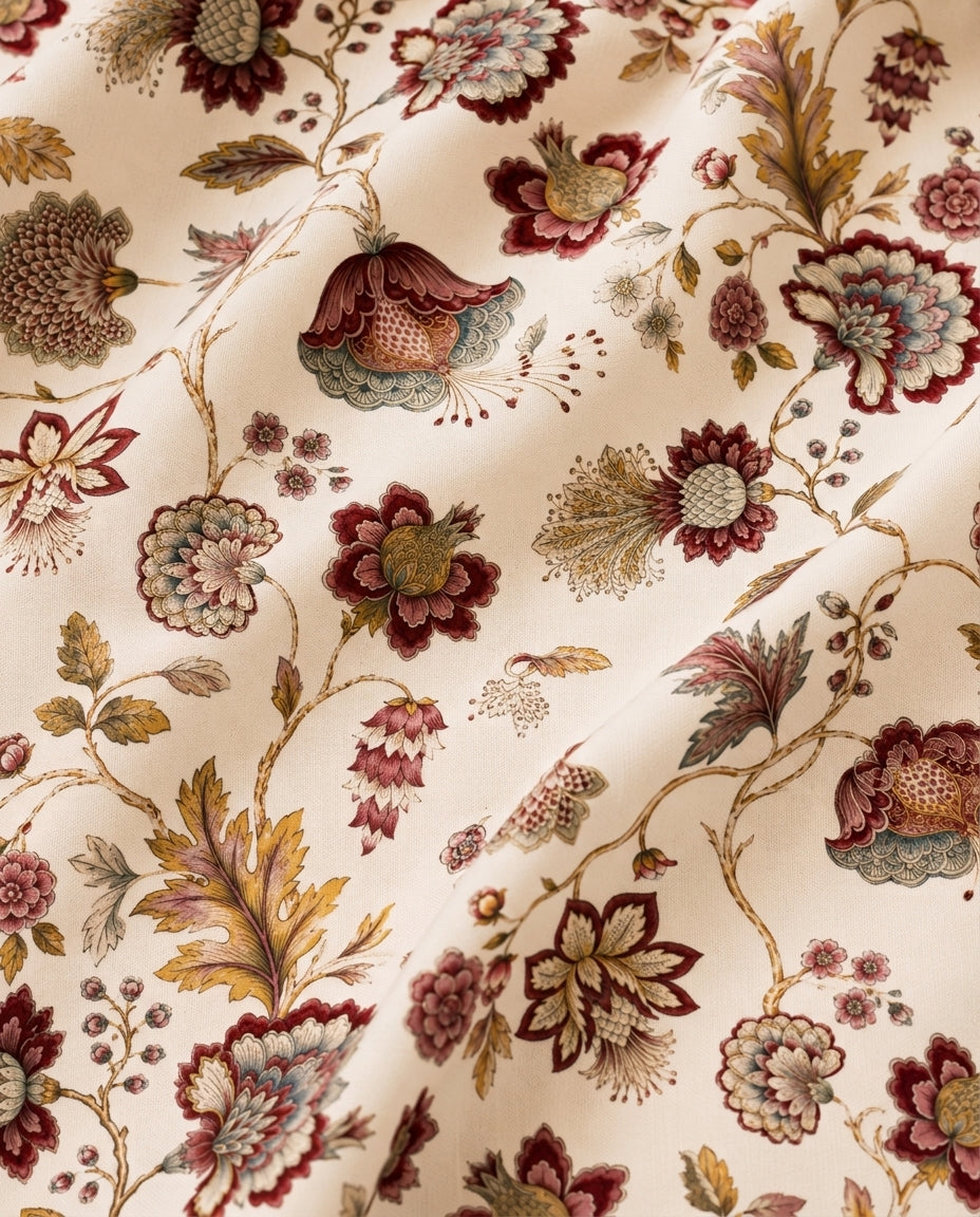 Festive Manor Ivory print in motion — Jacobean floral on ivory