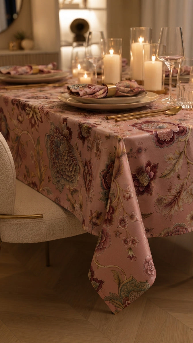 Festive Manor Pink tablecloth styled with gold cutlery and candles, low-angle view