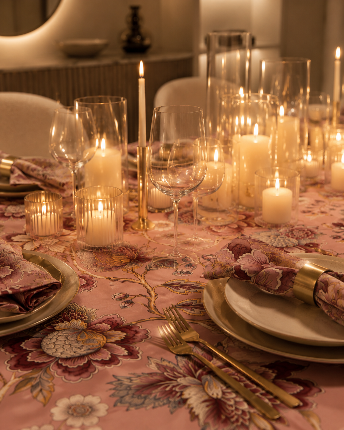 Festive Manor Pink tablecloth styled with candles and place settings, eye-level view