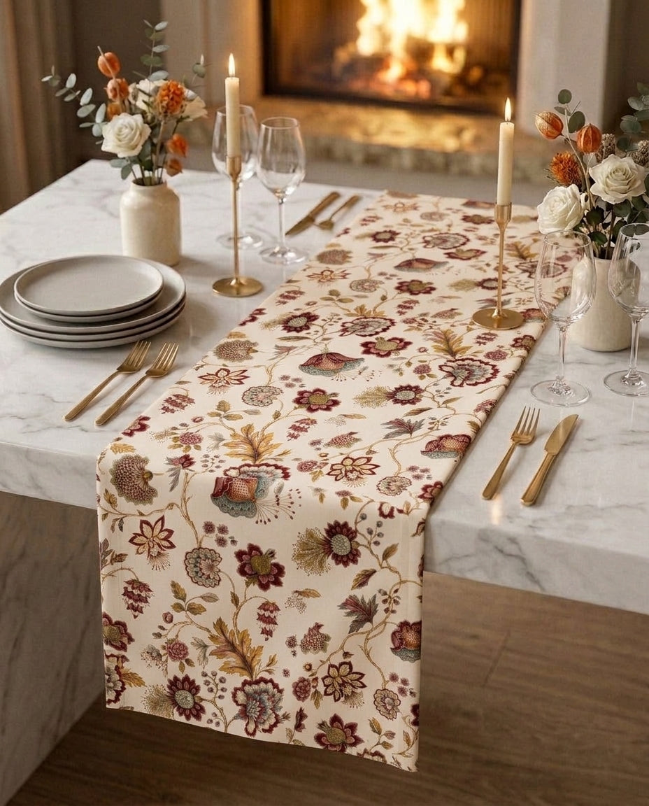 Festive Manor gift box — table runner and matching napkin scrunchies on a white marble dining table, candlelit setting