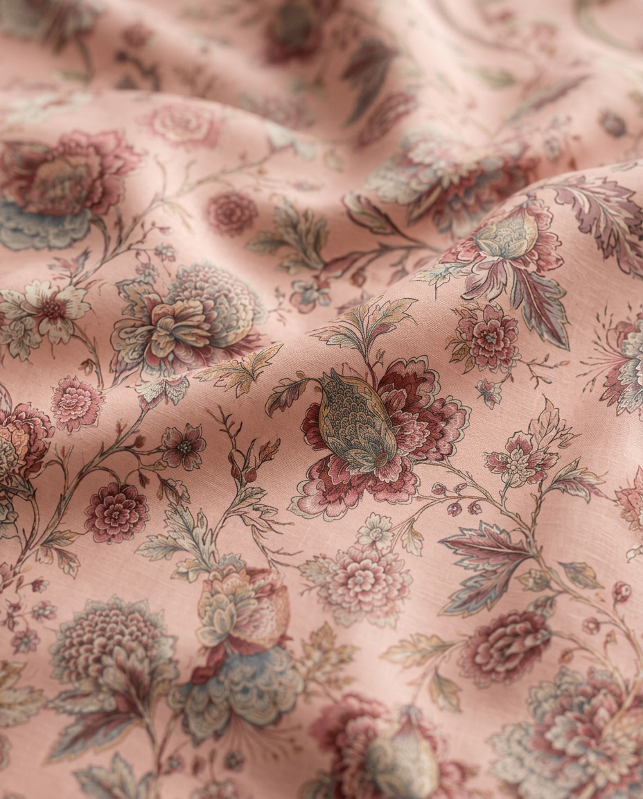Festive Manor Pink print in motion — flowing fabric close-up of the Jacobean floral on blush pink