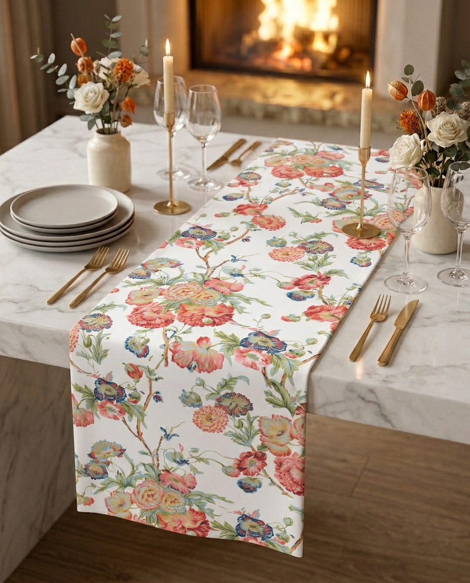 Hanami gift box — table runner and matching napkin scrunchies on a white marble dining table, candlelit setting