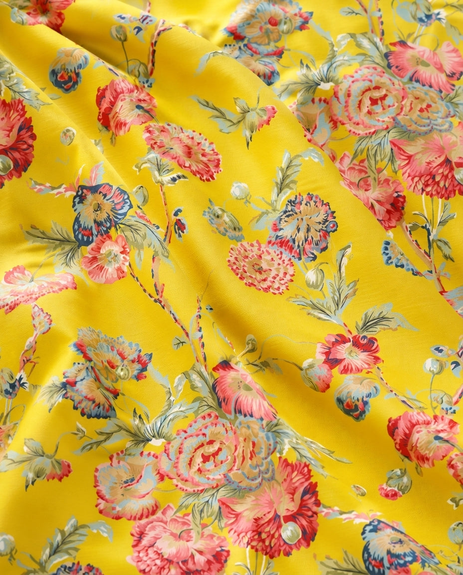 Hanami Yellow print in motion — flowing fabric close-up with coral blossoms on sunny yellow