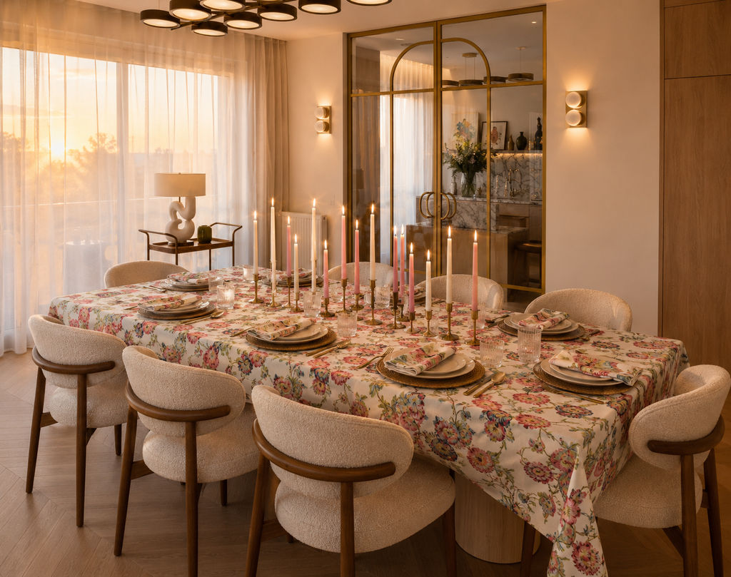 Hanami White tablecloth styled in a modern interior with floral pattern and candlelight