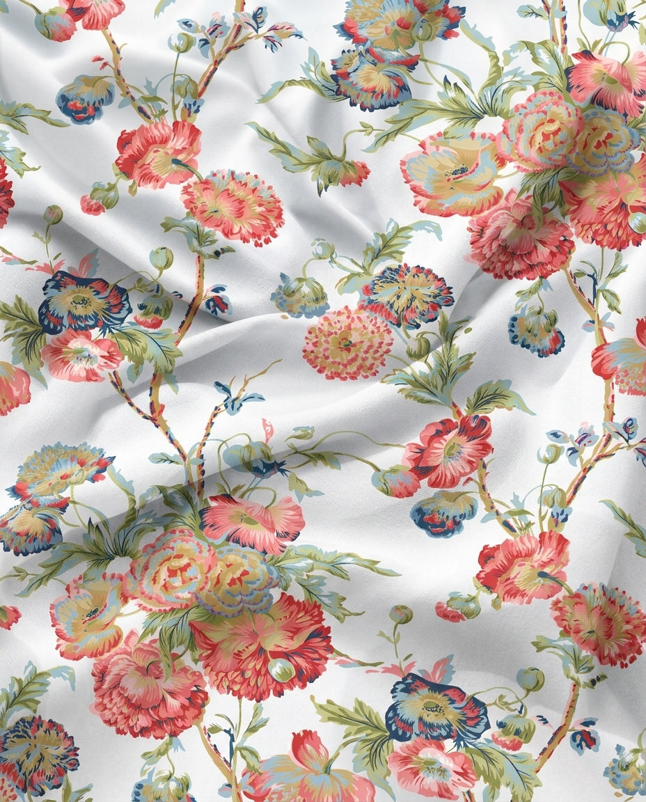 Hanami White print in motion — chintz floral in coral pink, blue and sage on white