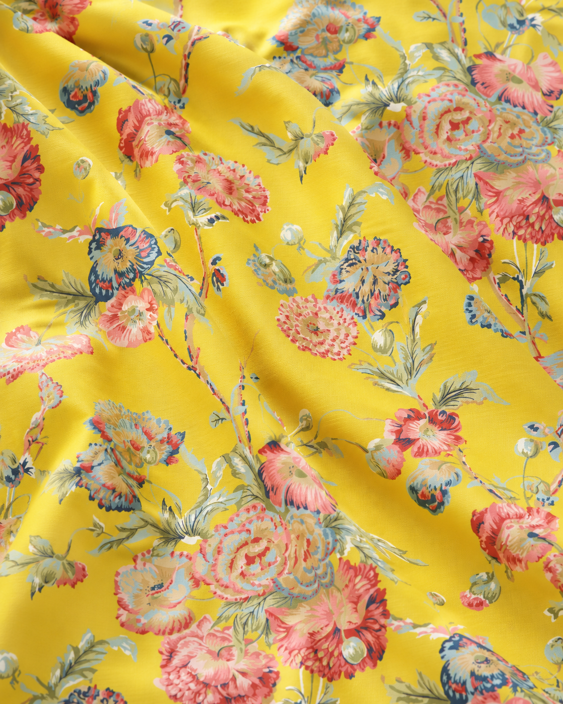Hanami Yellow tablecloth fabric close-up showing intricate floral pattern on yellow background