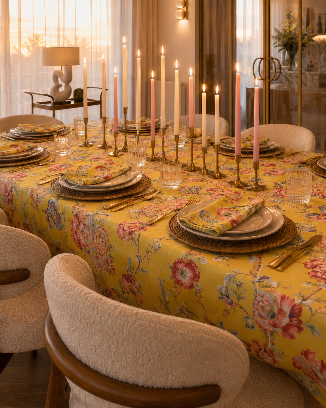 Hanami Yellow tablecloth styled with candles, placemats and gold flatware, three-quarter view
