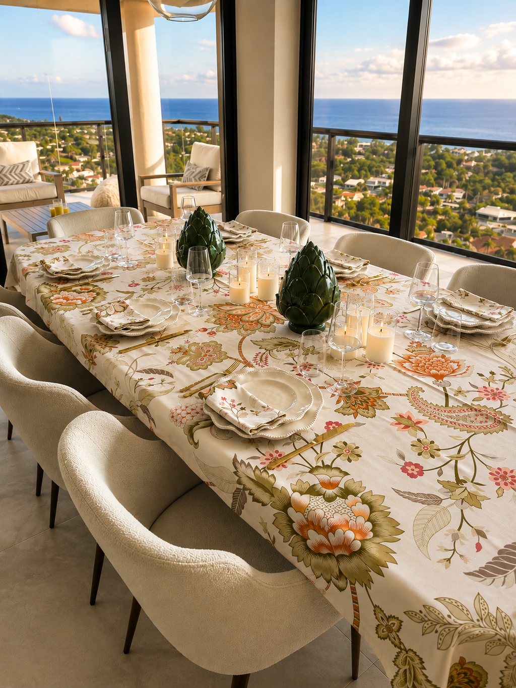 Heritage Bloom Green tablecloth styled in dining room with coastal view and artichoke centerpieces