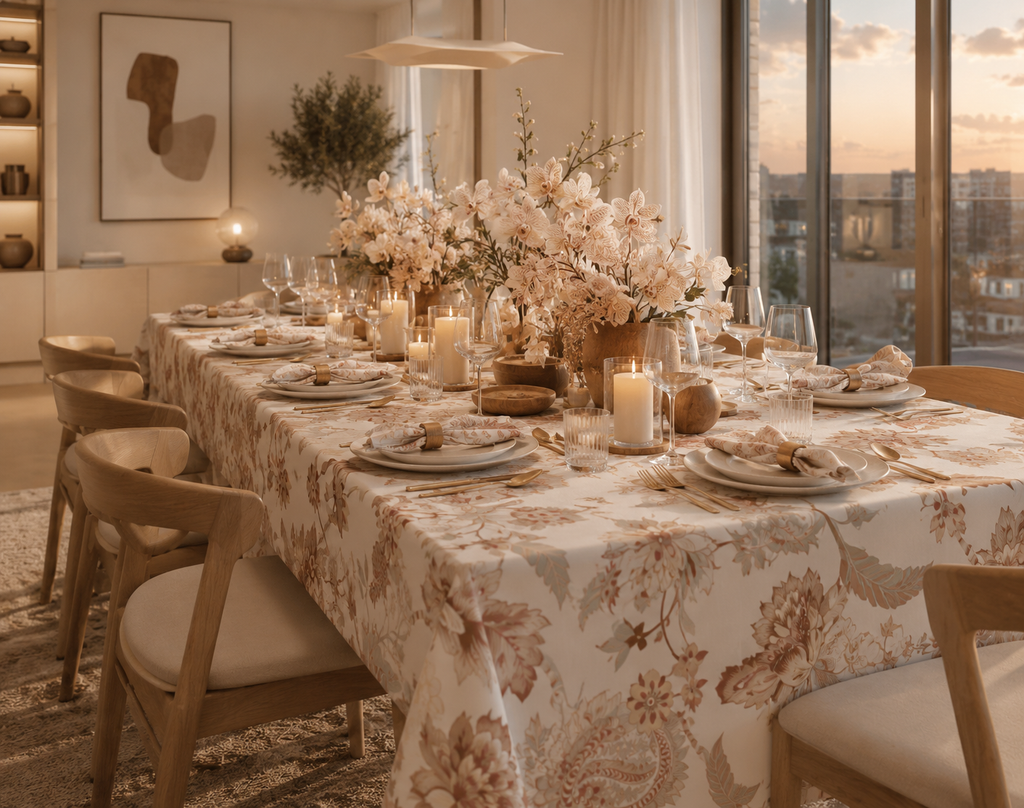 Heritage Bloom Natural tablecloth styled on a long formal dining table with warm neutral tones