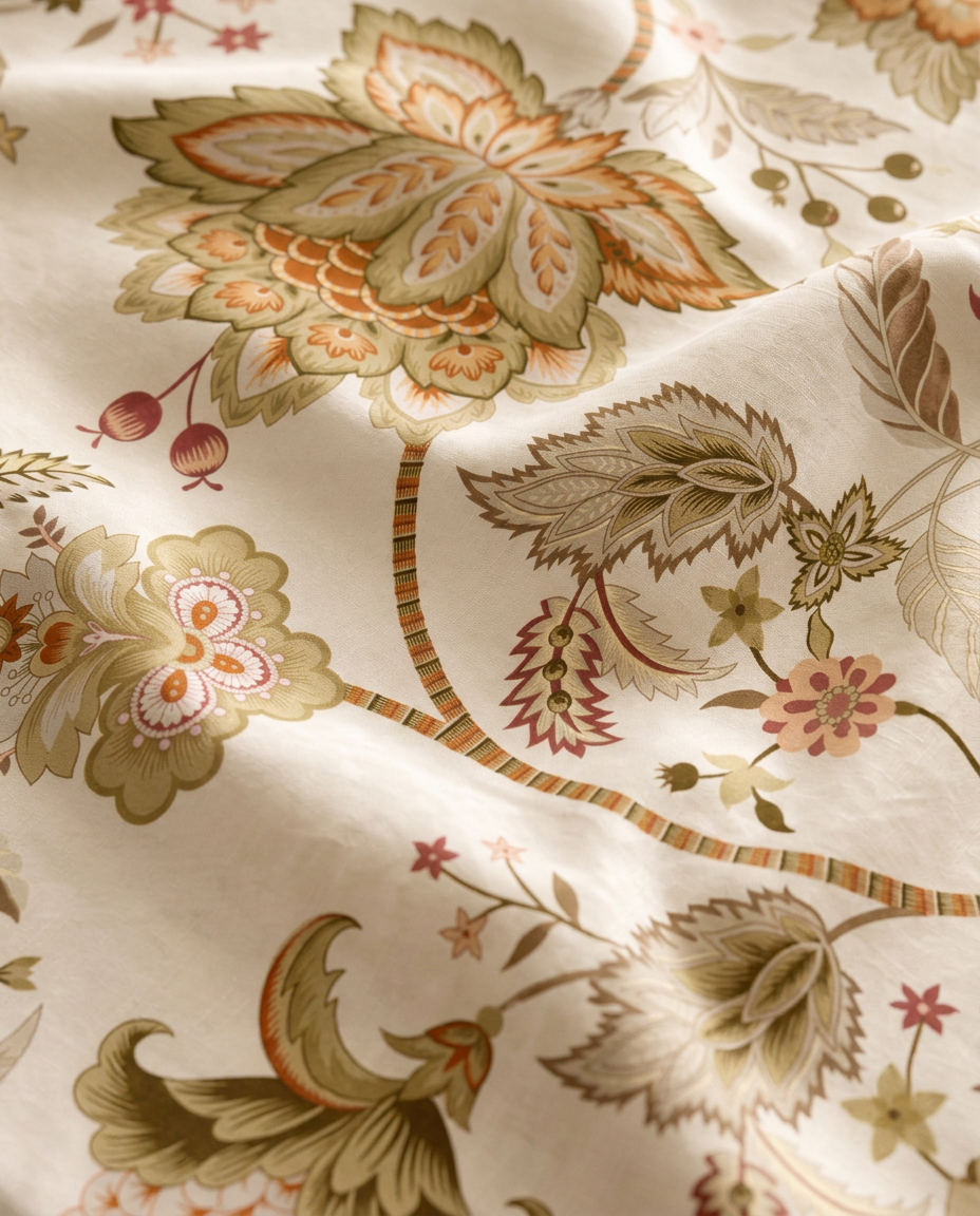 Heritage Bloom Green print in motion — flowing fabric close-up in olive, terracotta and ochre on cream