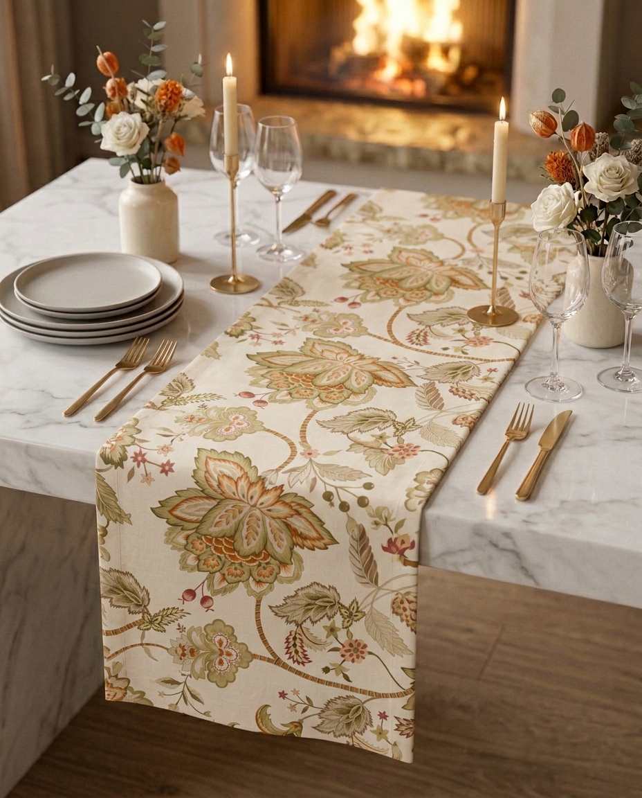 Heritage Bloom gift box — table runner and matching napkin scrunchies on a white marble dining table, candlelit setting