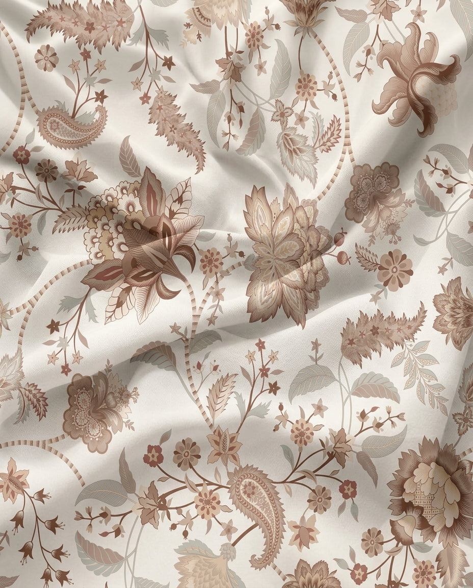 Heritage Bloom Natural print in motion — heritage floral in terracotta, tan and taupe on cream