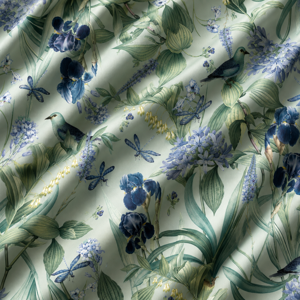 Idyllic tablecloth fabric close-up showing botanical pattern with irises, dragonflies and songbirds
