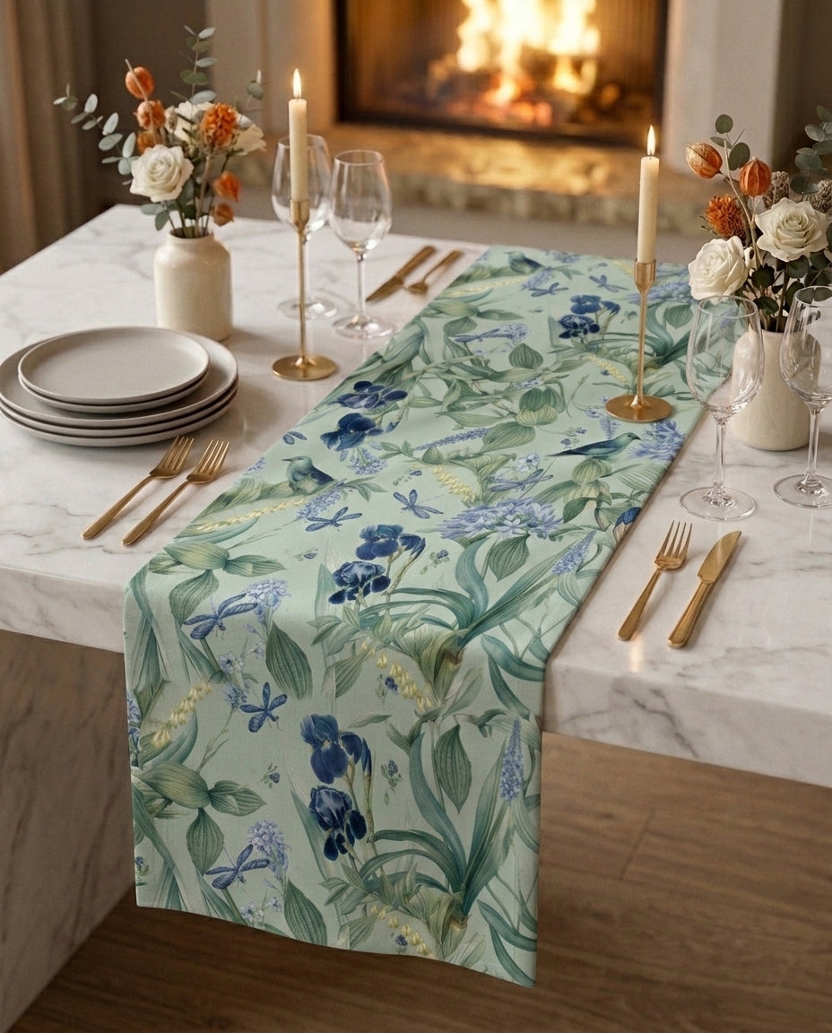 Idyllic gift box — table runner and matching napkin scrunchies on a white marble dining table, candlelit setting