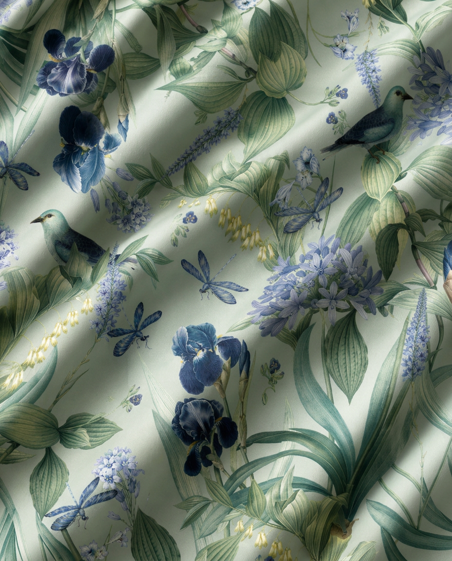 Idyllic print in motion — flowing fabric close-up with irises, songbirds and dragonflies
