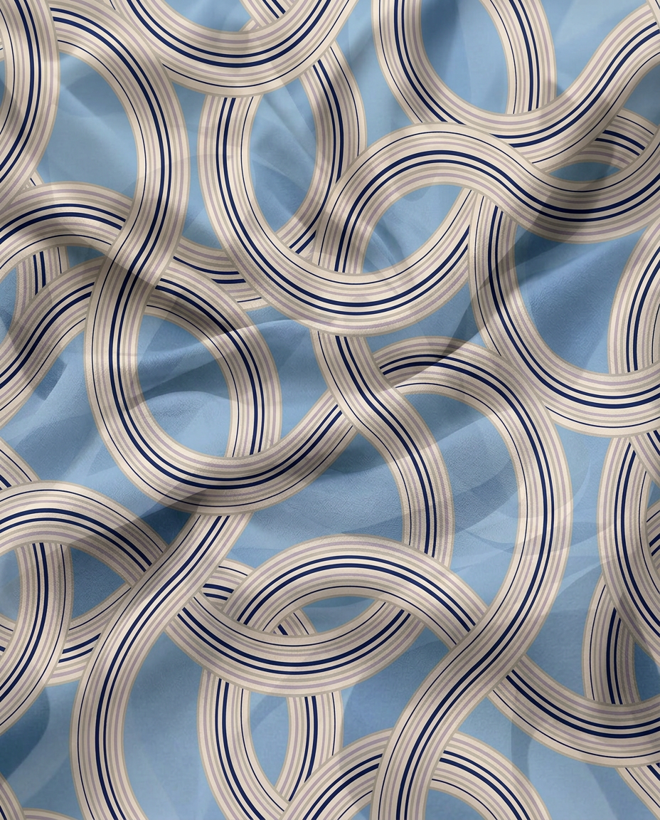 Marea Blue print in motion — interlocking ribbon bands in blues
