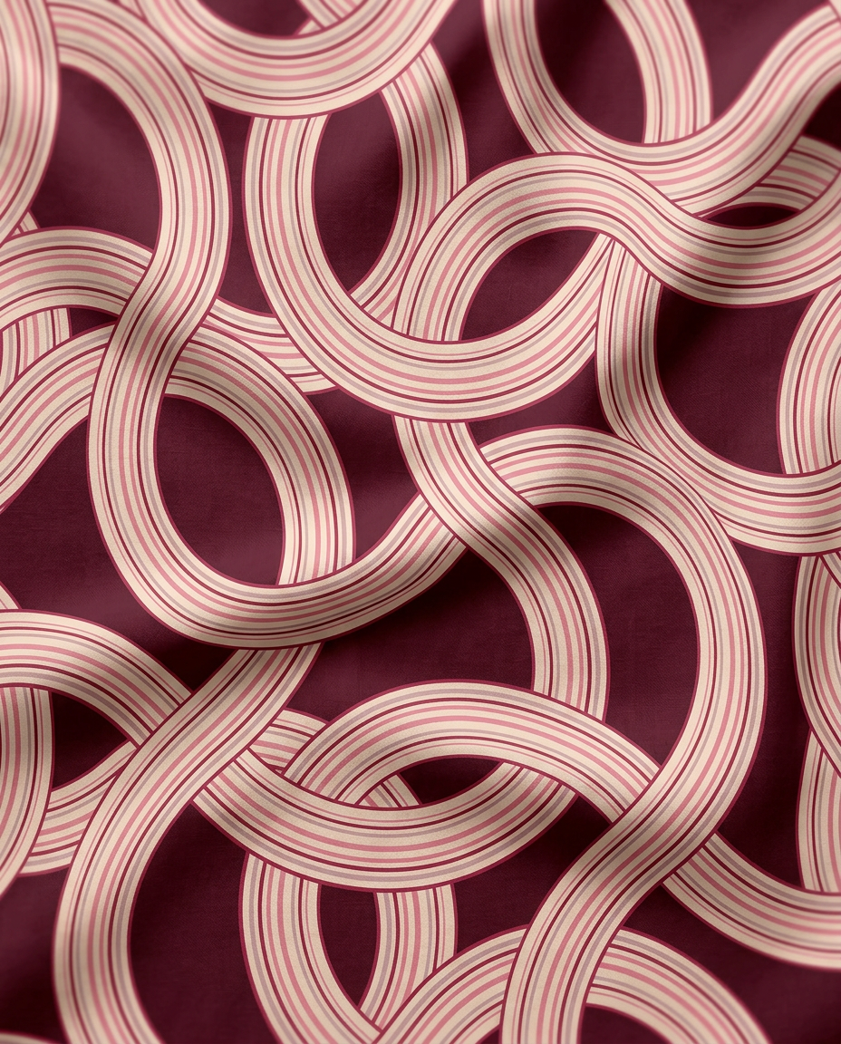 Marea Burgundy print in motion — interlocking ribbon bands in burgundy and rose