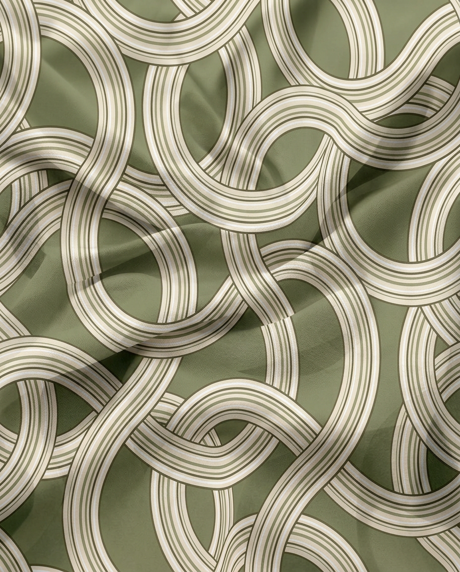Marea Green print in motion — interlocking ribbon bands in greens