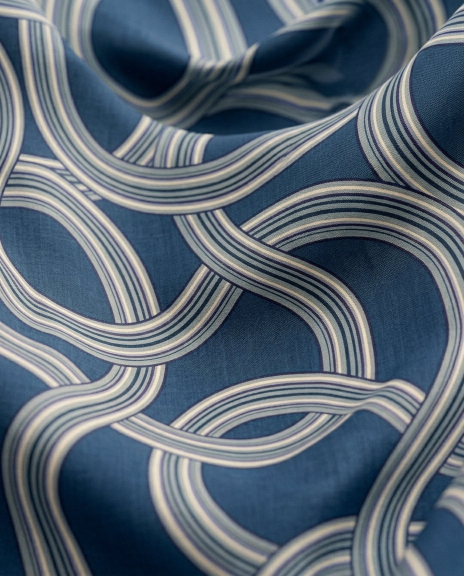 Marea Blue print in motion — flowing fabric close-up of interlocking ribbon bands in blues