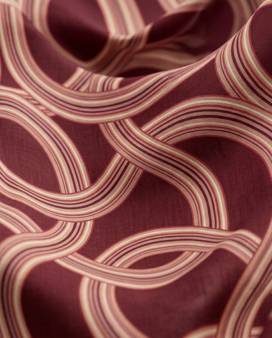 Marea Burgundy print in motion — flowing fabric close-up of interlocking ribbon bands in burgundy and rose