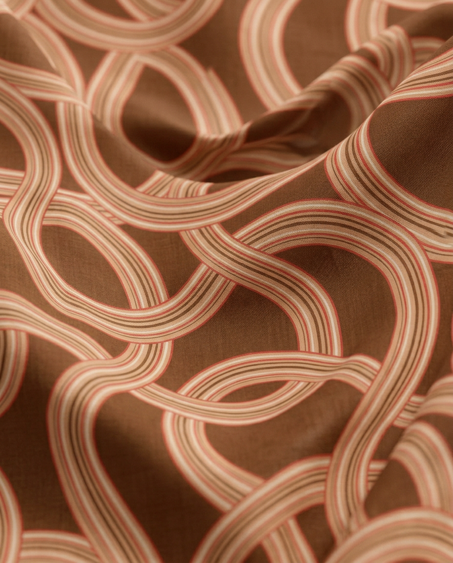 Marea Camel Brown print in motion — flowing fabric close-up of interlocking ribbon bands on camel brown