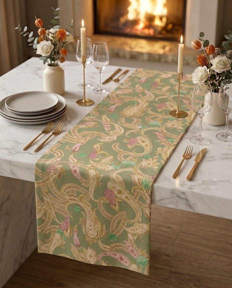 Paisley House gift box — table runner and matching napkin scrunchies on a white marble dining table, candlelit setting