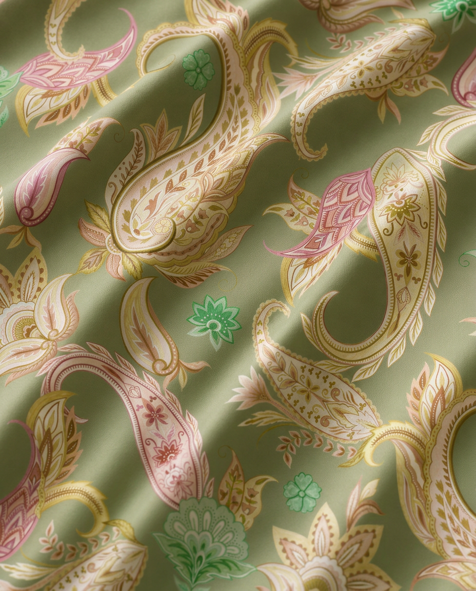Paisley House print in motion — flowing fabric close-up with paisley motifs on sage green