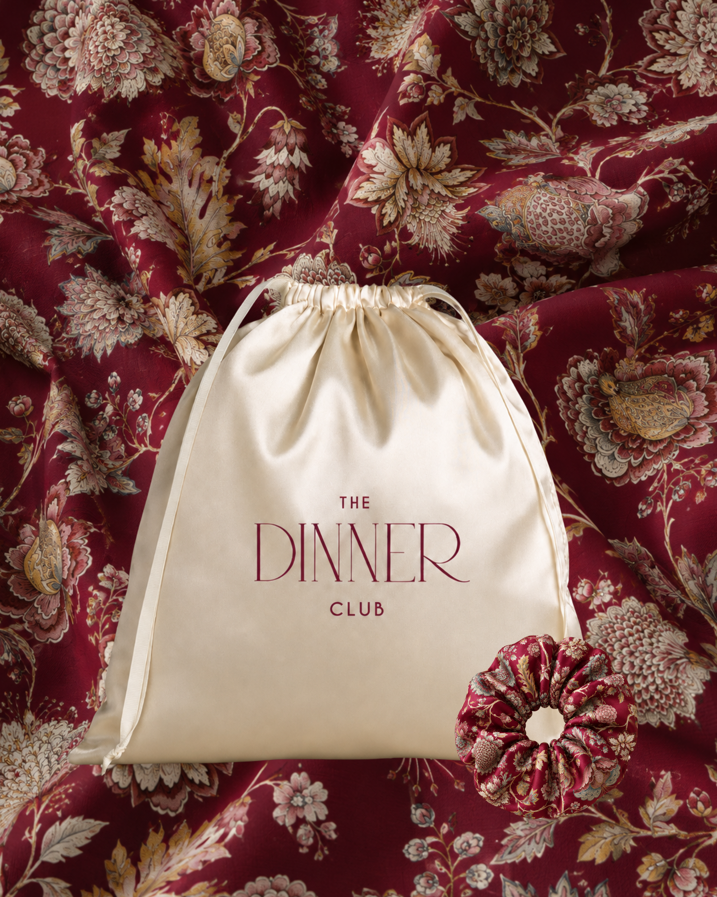 Festive Manor Burgundy gift pouch and matching scrunchie