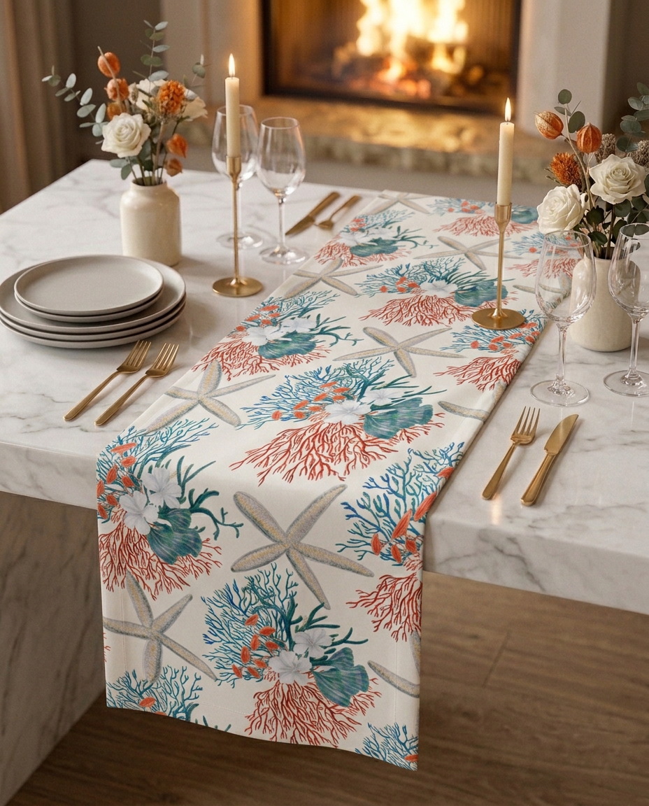 Reef Bloom gift box — table runner and matching napkin scrunchies on a white marble dining table, candlelit setting