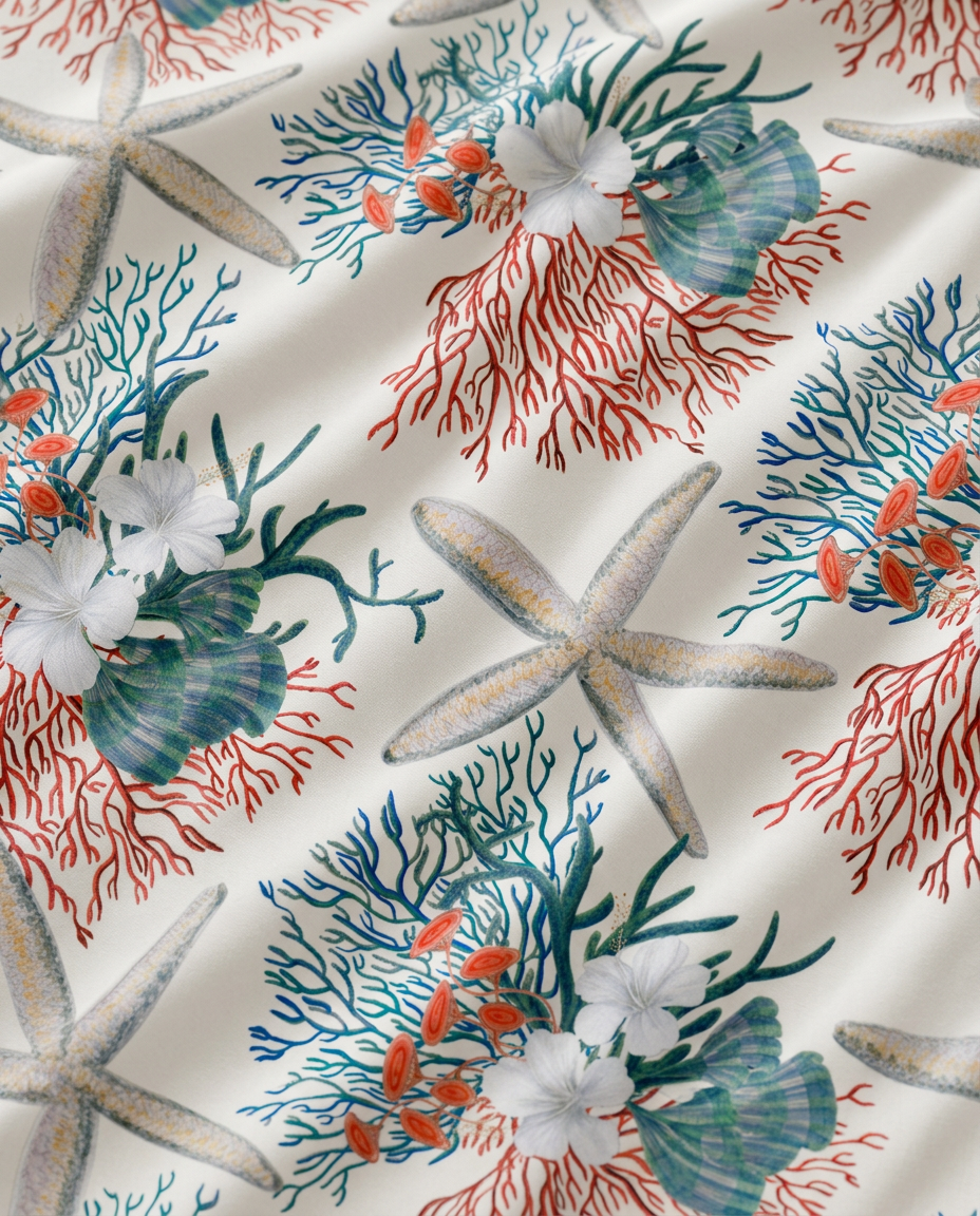 Reef Bloom print in motion — flowing fabric close-up with starfish, sea fans and shells