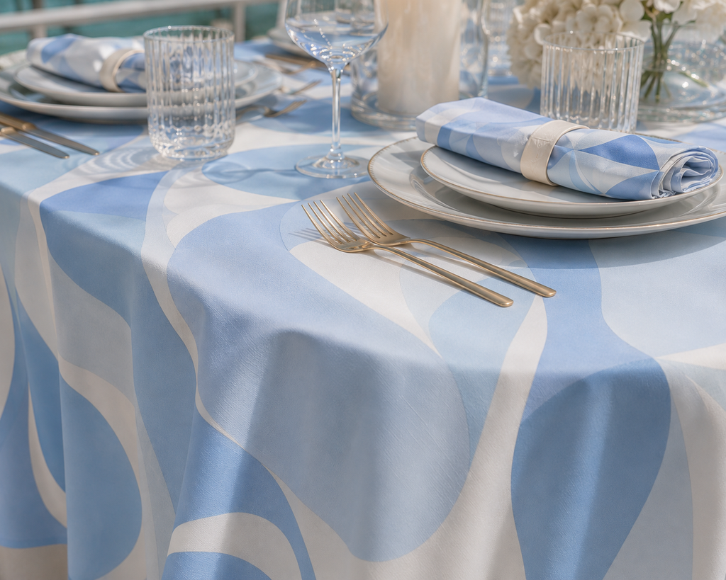 Riviera Blue tablecloth styled at a seaside table with patterned napkins and floral centerpiece