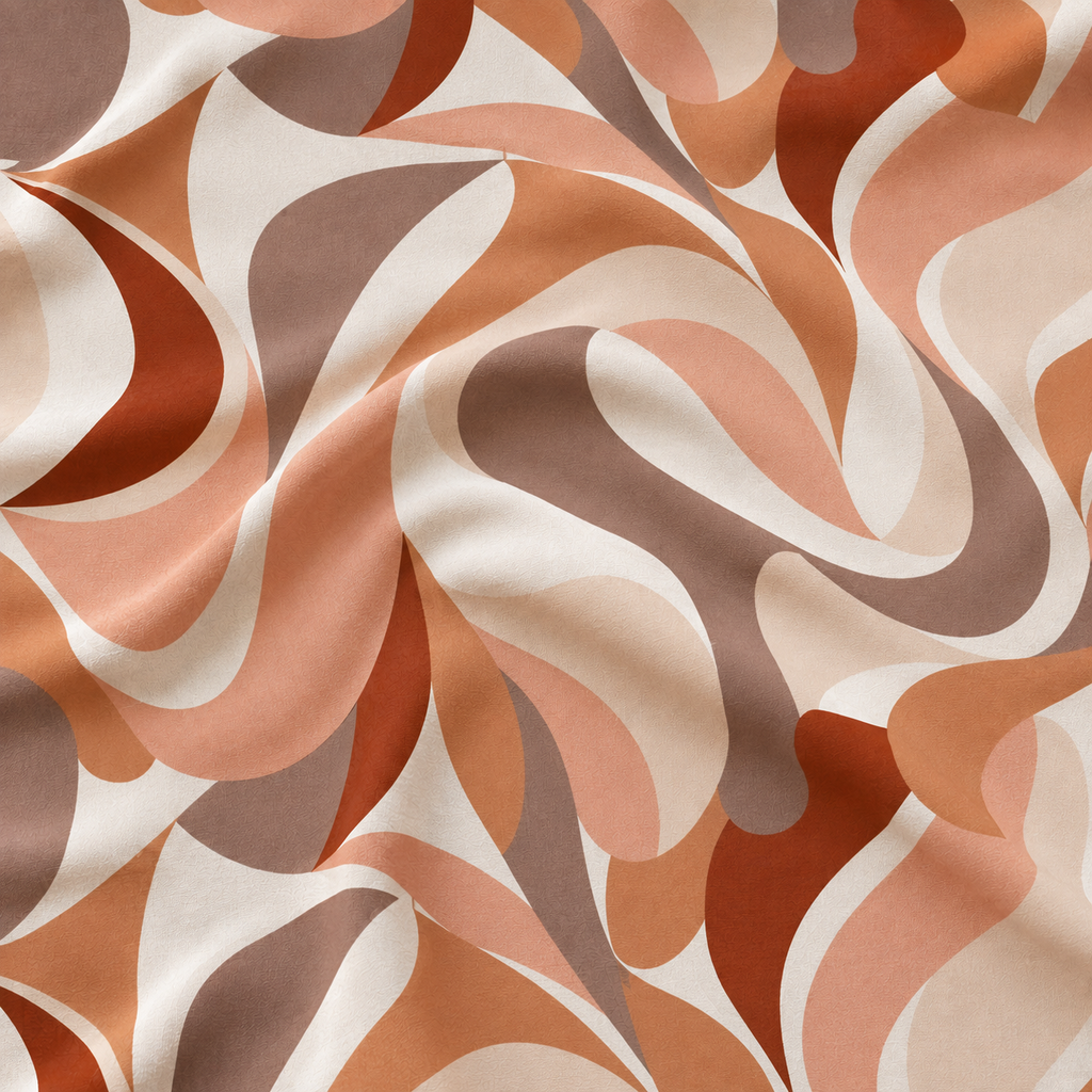 Riviera Brown tablecloth fabric close-up showing abstract pattern in terracotta and rust tones