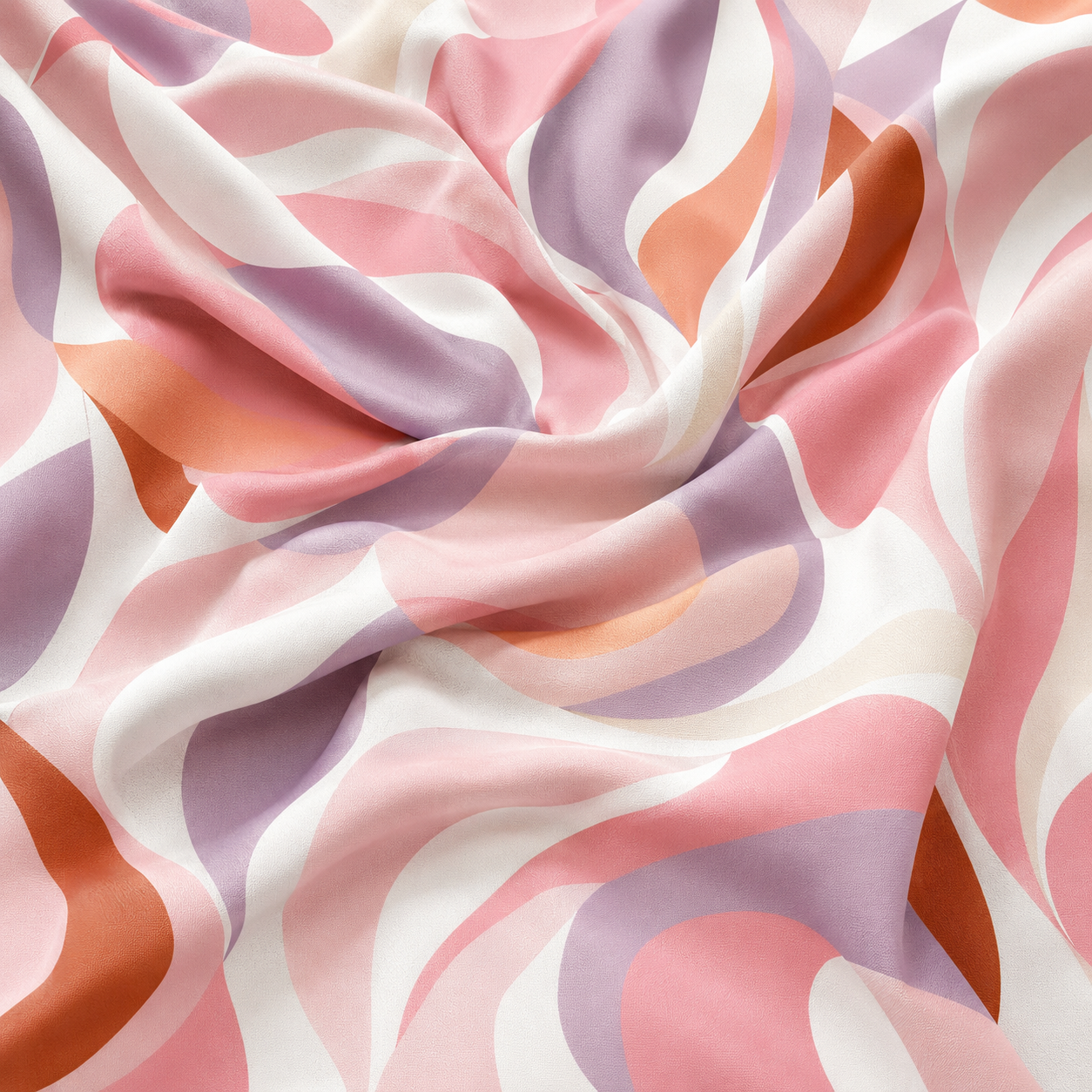 Riviera Pink tablecloth fabric close-up showing abstract wavy pattern in blush pink and coral