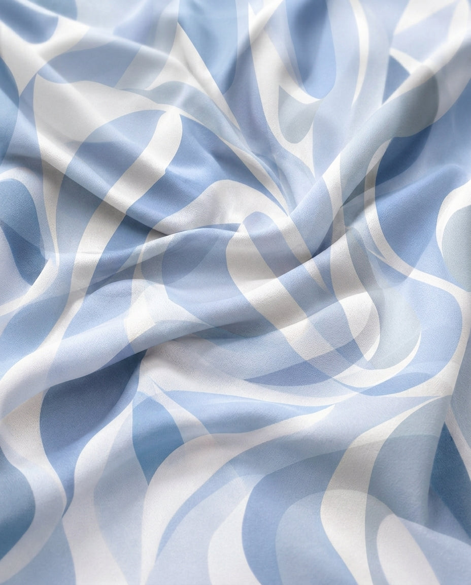 Riviera Blue print in motion — flowing fabric close-up in sky blue and white