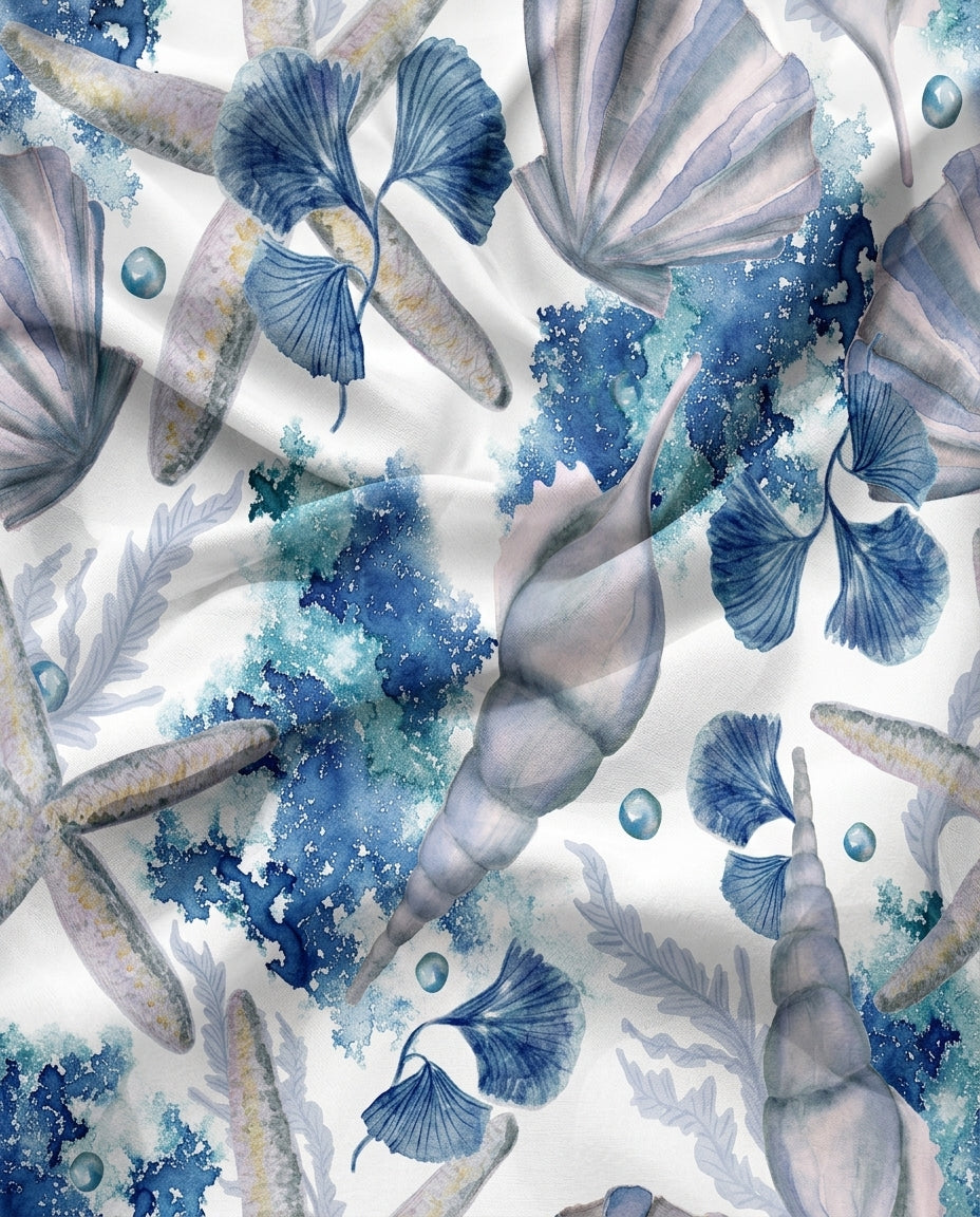 Seashell Drift print in motion — watercolor seashells, starfish and pearls in icy blues on white