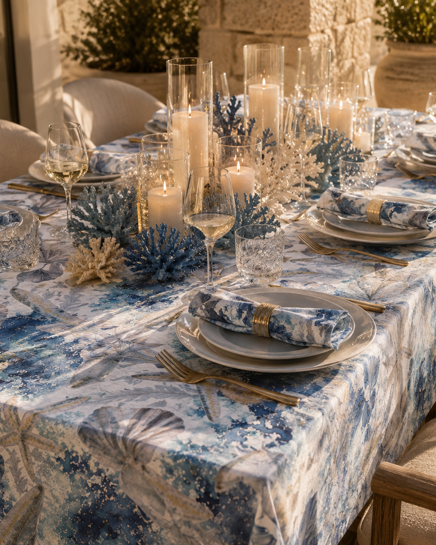 Seashell Drift gift box — tablecloth with matching napkin scrunchies styled on an outdoor dining table with coastal decor