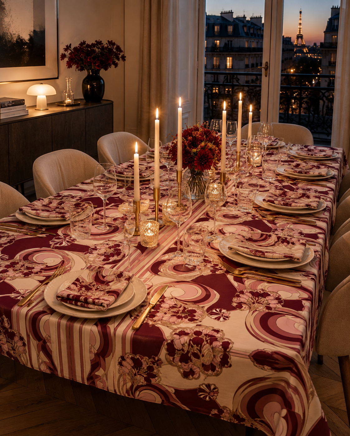 Sienna tablecloth burgundy lifestyle