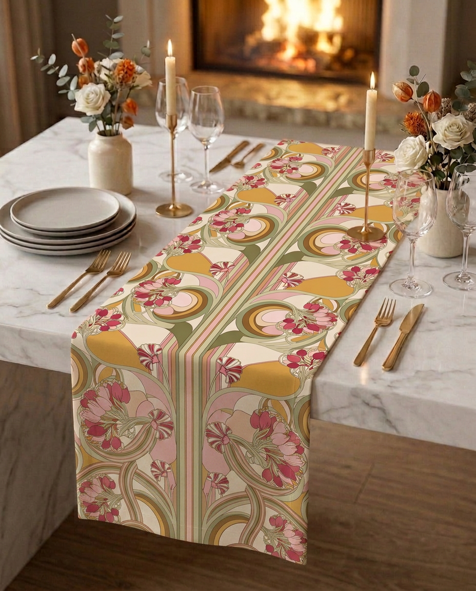 Sienna gift box — table runner and matching napkin scrunchies on a white marble dining table, candlelit setting