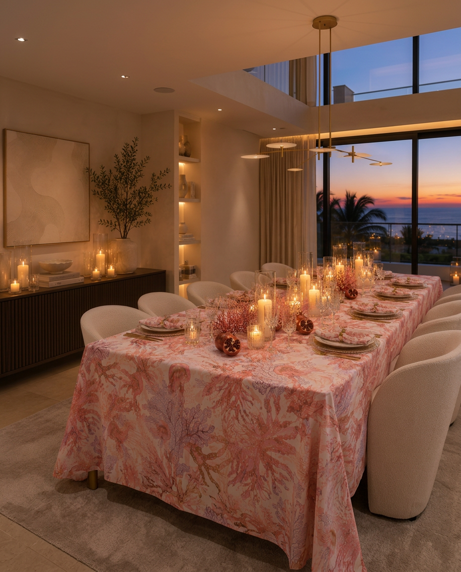 Coral Breeze gift box — tablecloth with matching napkin scrunchies, lifestyle table setting