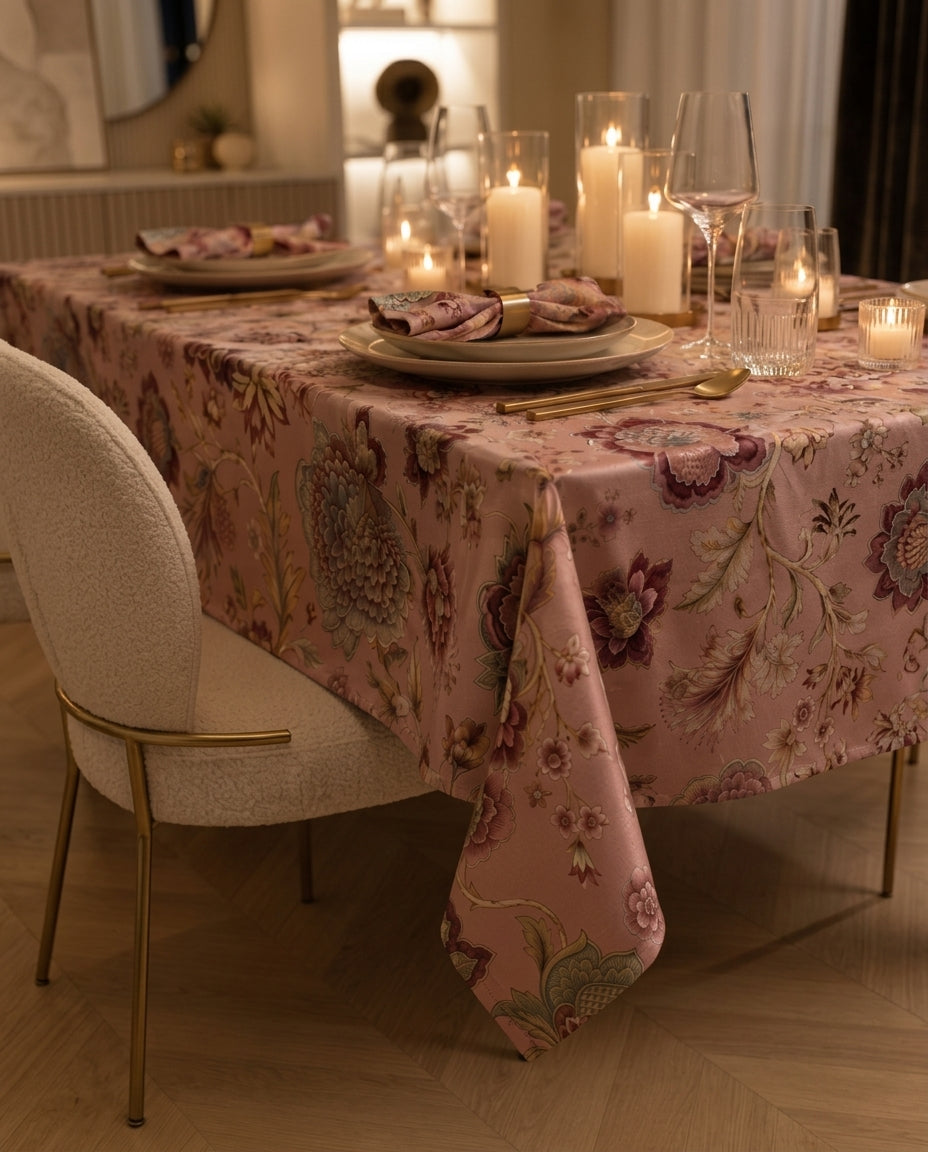 Festive Manor Pink tablecloth styled with gold cutlery and candles, low-angle view