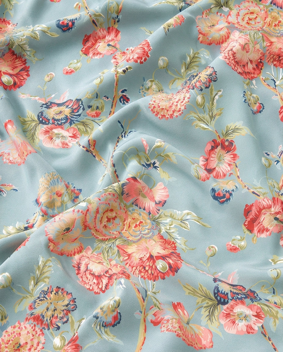 Hanami Blue tablecloth fabric close-up showing floral pattern on duck-egg blue background