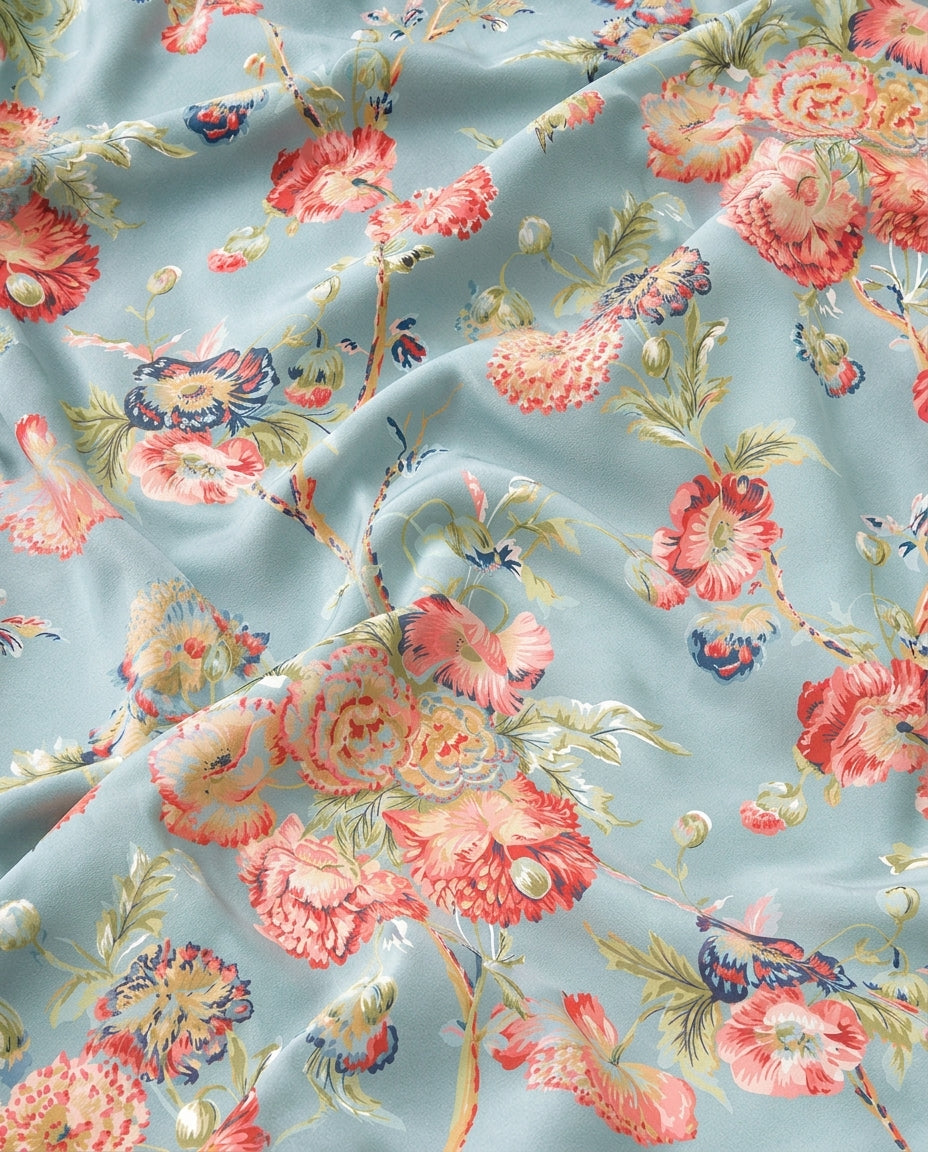 Hanami Blue print in motion — floral in coral, navy and sage on duck-egg blue